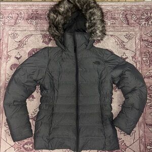 The North Face Women's Charcoal Puffer Jacket with Faux Fur Hood